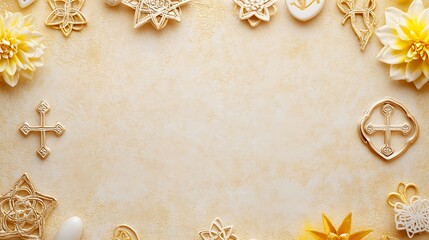 Golden Religious Symbols and Flowers Frame a Blank Space