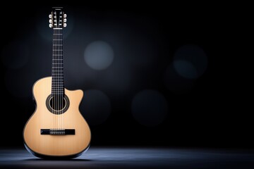 Naklejka premium Wooden acoustic guitar on a dark stage with spotlight and bokeh effects. music, performance, and artistic expression