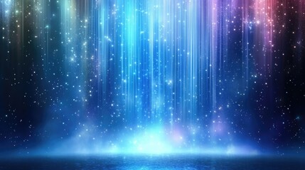 Abstract cosmic background with colorful light beams and sparkling stars over a dark blue ocean surface Copy Space