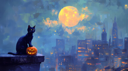 Black cat and pumpkin on a ledge in front of a moonlit city skyline with an impressionist style. Moonlit Ridge. Illustration
