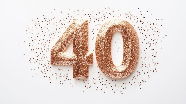 Glittery rose gold number 40 on white background with confetti copy space for anniversary birthday celebration design