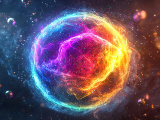 Obraz premium Vibrant abstract light sphere representing a quantum qubit surrounded by radiant energy arcs and cosmic particles in a dynamic, ultra-realistic 8k setting