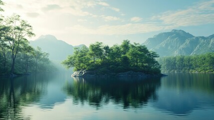 Serene landscape of a tranquil lake with an island surrounded by trees and misty mountains in the background featuring Copy Space.