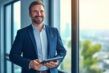 Fototapeta premium Confident Businessman in Blue Suit Smiling by Window with Tablet