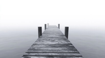 Obraz premium Foggy wooden pier extending into calm water with smooth surface and minimal visibility, Copy Space available for text.
