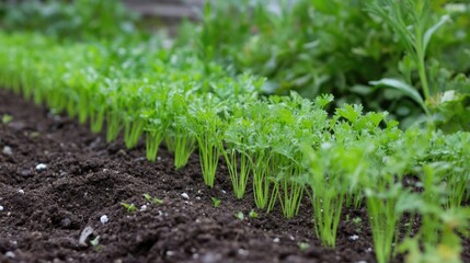 Obraz premium Fresh green carrot tops emerging from soil in a vegetable garden with textured earth and lush greenery in the background Copy Space