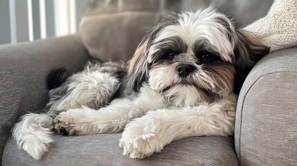 Cute and fluffy Shih Tzu dog resting on a couch with soft fur and expressive eyes Copy Space