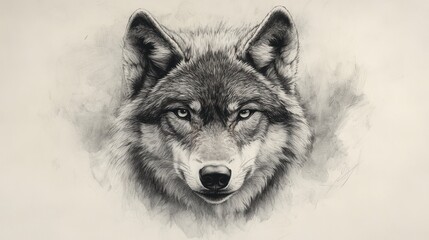 Obraz premium Majestic wolf portrait, grayscale, intense gaze.