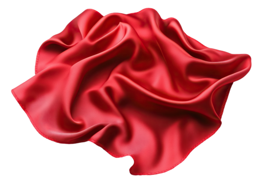 Elegant red silk fabric draped in folds, isolated on transparent cutout background