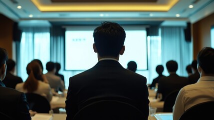 Business conference with participants seated and a speaker at the front, focus on audience, Copy Space available for text.