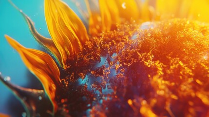 Close-up of vibrant sunflower petals with abstract glowing effects and blurred background, suitable for nature-themed compositions, Copy Space