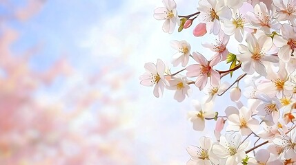 Obraz premium Hanami: A Timeless Celebration of Nature and Tradition Under the Trees Delicate Cherry Blossoms with Soft Blue Sky Background