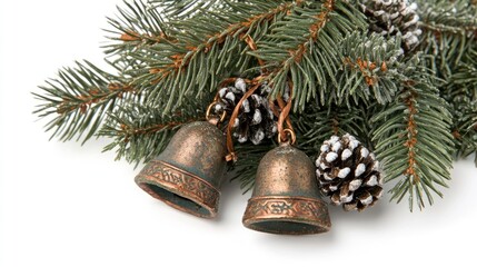 Christmas decorations with vintage bells on evergreen branches with pine cones and Copy Space for text.