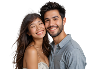 PNG, Happy couple smiling together, waist up photo isolated on transparent background