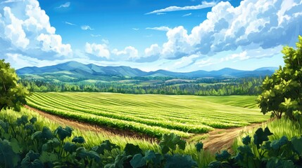 Fototapeta premium Vast agricultural landscape with rolling hills and vibrant green fields under a bright blue sky with clouds Copy Space