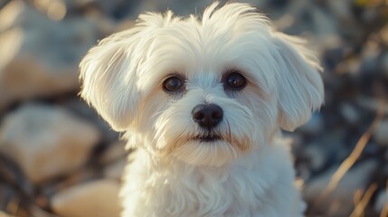 Cute small white dog with fluffy fur and expressive eyes looking directly at the camera on a blurred outdoor background Copy Space