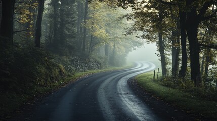 Fototapeta premium Curvy road through a misty forest with autumn foliage and soft light rays, ideal for nature and travel concepts, Copy Space available