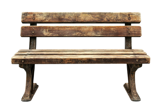 Vintage wooden bench with natural aging marks, isolated on transparent cutout background