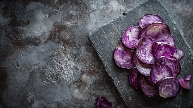 Sliced red cabbage arranged on a dark slate board with textured background and ample copy space for text placement