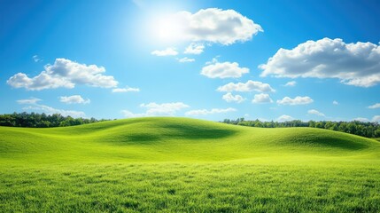 Fototapeta premium Lush green hills under a bright blue sky with fluffy clouds and sun shining on a vibrant landscape Copy Space