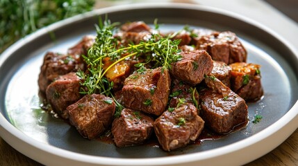 Grilled beef cubes garnished with fresh herbs served on a round plate with vegetables Copy Space