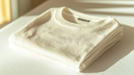 A folded white T-shirt with visible fine fabric texture and subtle creases, set on a simple white surface, creating a minimalist look