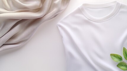 A high-angle flat lay of a white T-shirt with a round neck, neatly placed on a white surface, emphasizing the clean design and fabric texture