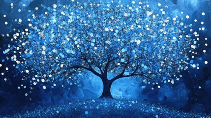 Blue abstract tree with glowing lights on a dark blue background featuring vibrant colors and artistic textures Copy Space