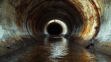 Naklejka premium Dark water flow in a rusty concrete sewer pipe with reflection and depth, suitable for urban exploration themes, Copy Space available