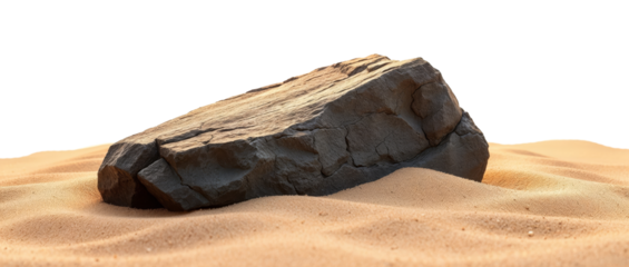 Large dark rock standing on sand under white sky
