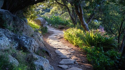 Rocky path winding through lush greenery and trees in a natural setting with soft lighting and shadows Copy Space