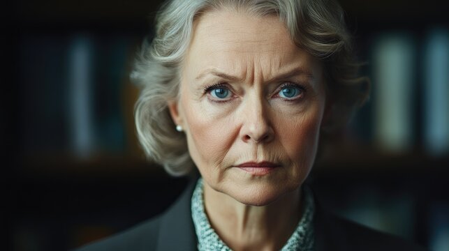 Close-up portrait of an elderly woman with gray hair and serious expression against a blurred bookshelf background Copy Space