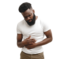 African American man holding his stomach in pain, isolated on transparent cutout background