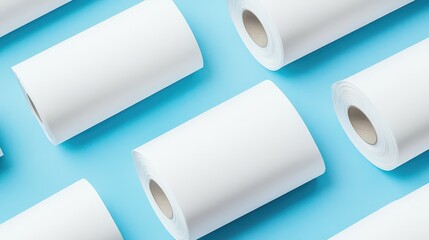 Assorted rolls of blank white paper arranged on a blue background with ample Copy Space for text placement