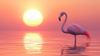 Naklejka premium Flamingo standing in tranquil water during sunset with vibrant pink and orange hues Copy Space