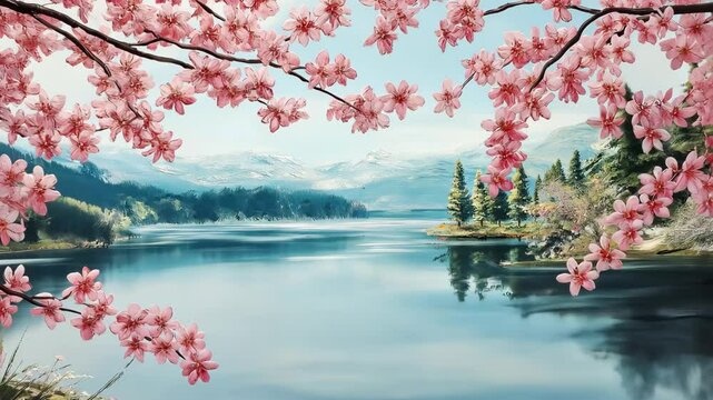 Cherry blossom branches with pink flowers over a calm lake and soft clouds in the background. Spring and nature concept. High quality 4k footage