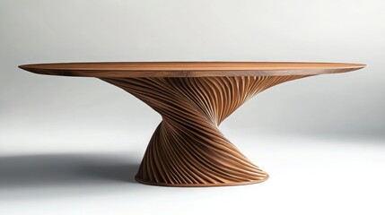 Modern wooden dining table with spiral base design on neutral background Copy Space