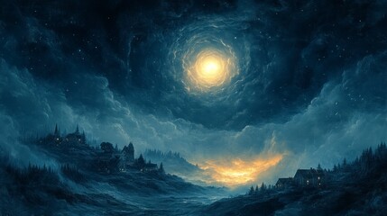 Naklejka premium Surreal night scene with a glowing celestial vortex above a village nestled in misty hills.