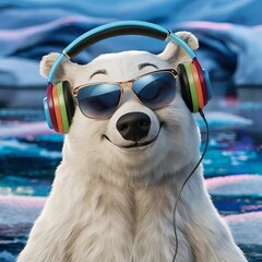 A cool polar bear sporting headphones and sunglasses, exuding a laid-back vibe in a snowy environment.