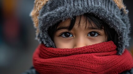Portrait of a child wearing a winter hat and red scarf with a soft focus background and copy space for text