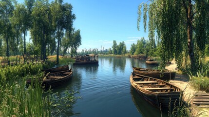 Obraz premium Riverbank boats summer idyllic scene rural tranquil