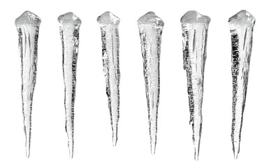 Set of frozen icicles hanging down, isolated on transparent cutout background