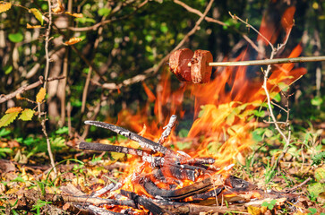 Bonfire with flame for cooking and heating. Picnic and outdoor recreation. Danger in the forest.