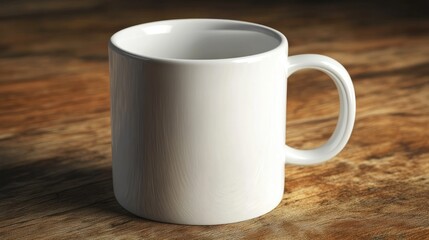 Fototapeta premium Empty white ceramic coffee mug on a rustic wooden table with soft natural lighting and copy space for text placement