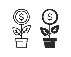 Plant in a pot. Money grow icon with plant leaf and coin. Editable vector illustration. 