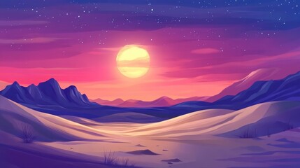 Fototapeta premium Vibrant sunset over desert landscape with mountains and stars in the sky Copy Space for text placement