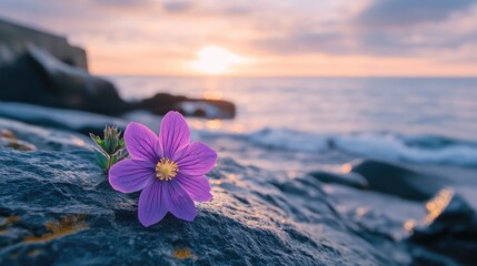 Violet wildflower on rocky shore with ocean waves and sunset in background Copy Space