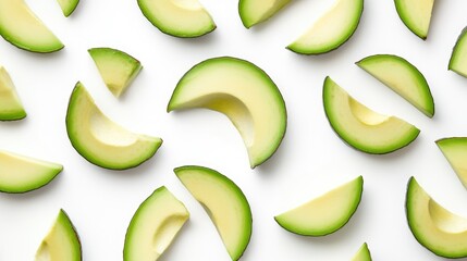 Slices of ripe avocado on a white background with ample copy space for text insertion
