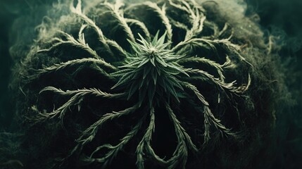 Close-up view of circular green plant with intricate foliage patterns on dark background with Copy Space