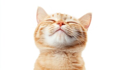 Orange tabby cat with eyes closed and content expression on white background Copy Space